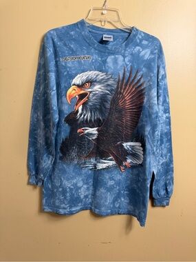 Vintage Perrin Y2K 90s tie-dyed long sleeve eagle T-shirt. Medium blue.